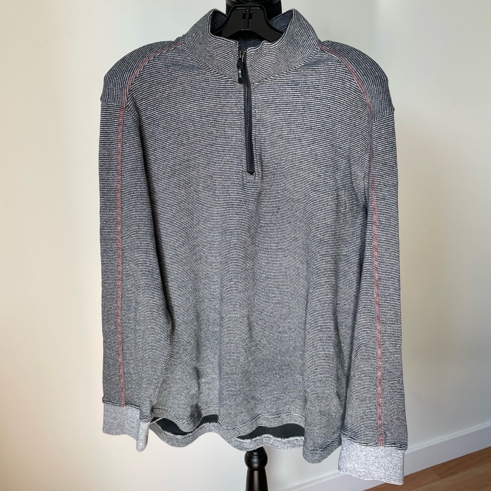 Robert Graham Mens Gray Waffle Knit Striped Kitson Quarter Zip Knit Sweater EUC